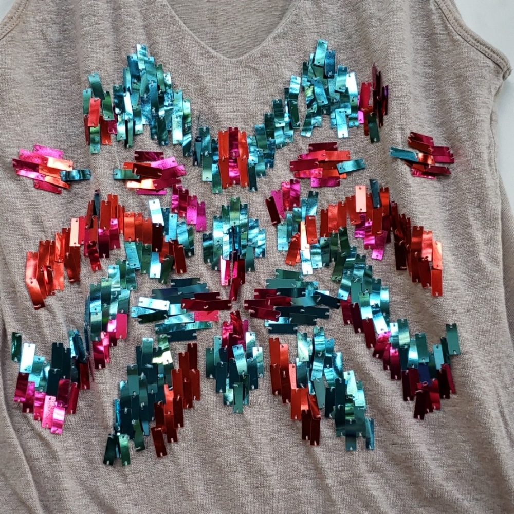 XL tan soft linen tank,pink red orange blue sequin